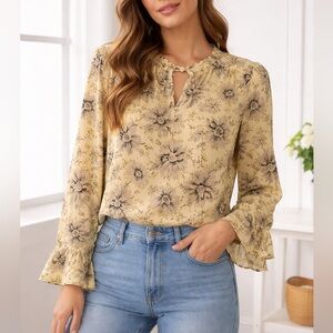 Vince Camuto Yellow Floral Tie-Front Ruffle Blouse